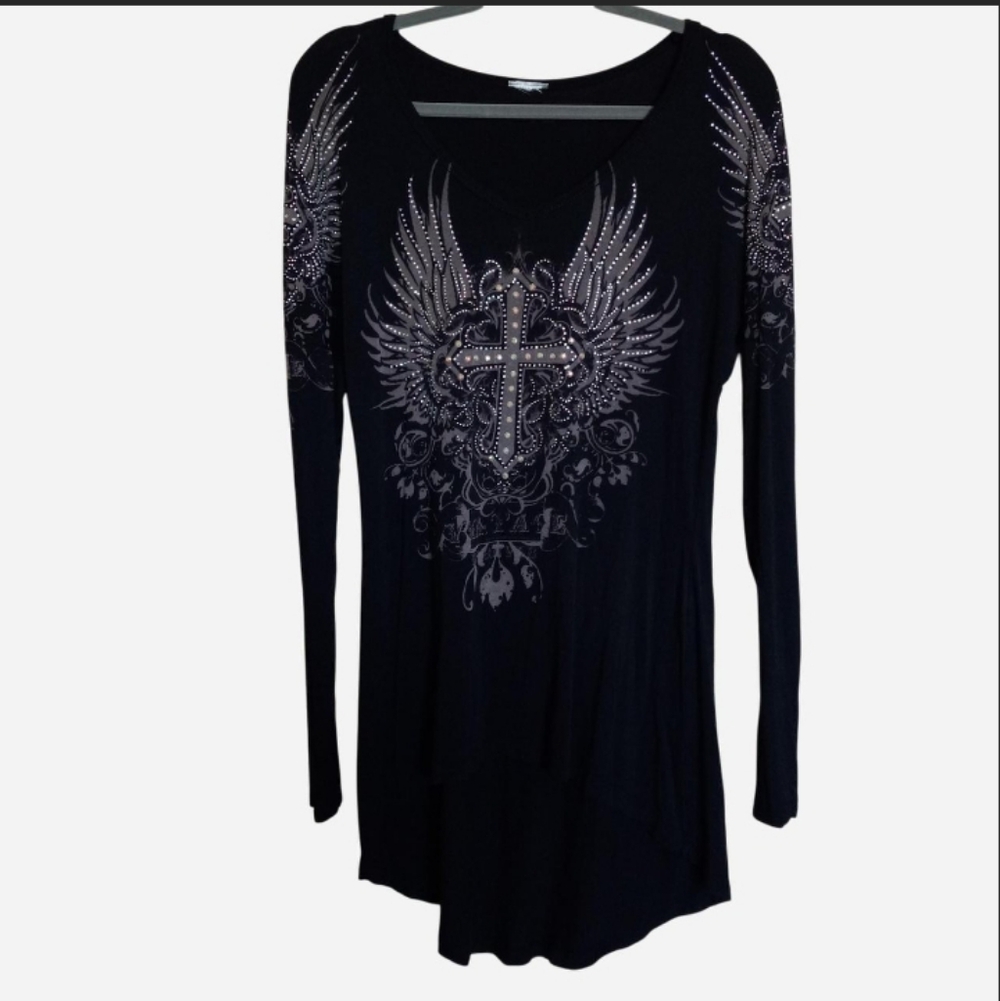 Y2K Angel Wings & Cross Whimsigoth Rhinestone Mcbling Long Sleeve Dress